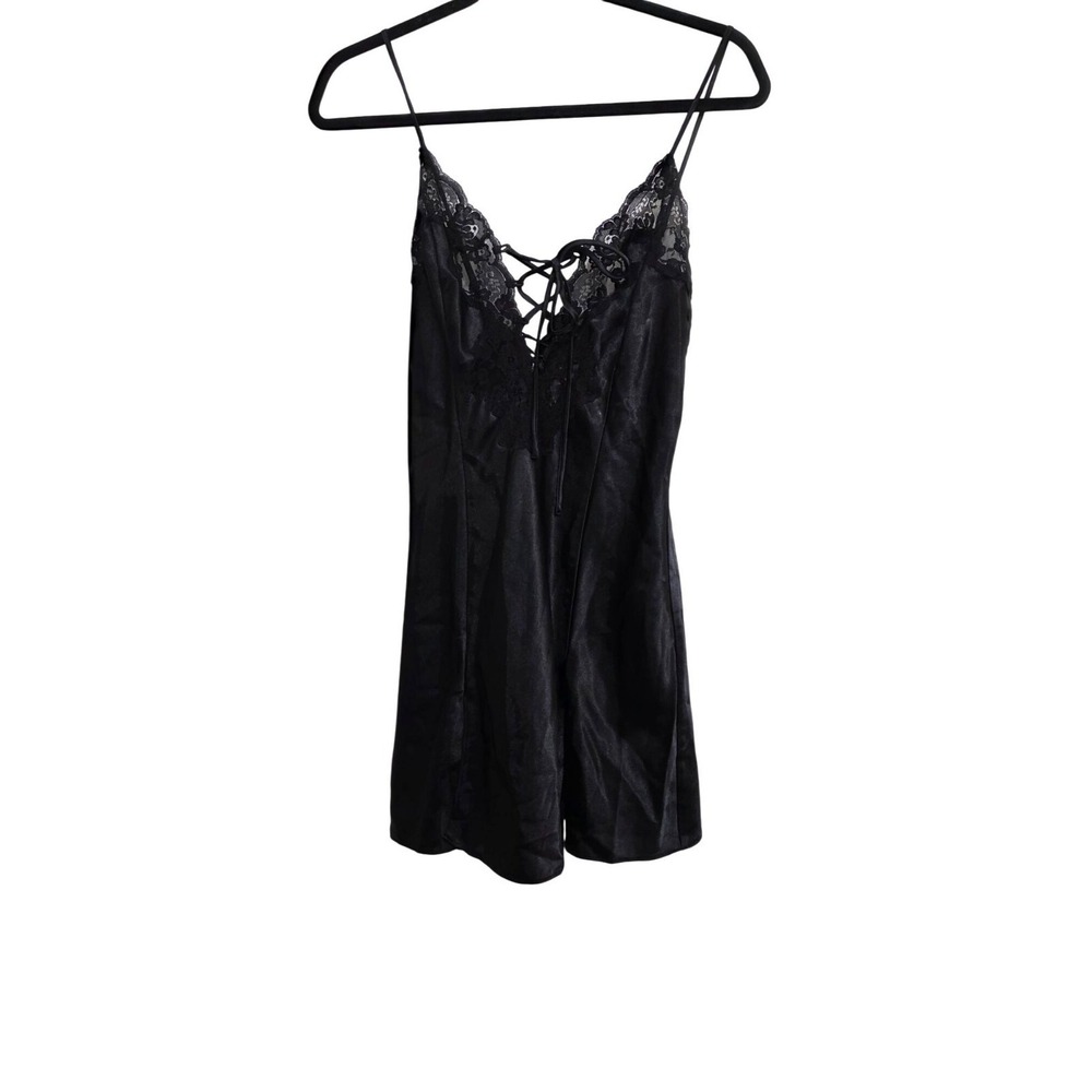 Frederick's Of Hollywood Black Lace-Up Satin Nightwear Lace Detailing & Adjustab